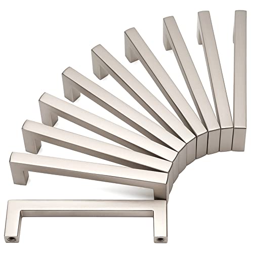 KOOFIZO Solid Square Bar Cabinet Handle - Brushed Nickel Furniture Pull, 3.8 Inch/96mm Screwhole Distance, 10-Pack for Kitchen Cupboard Door, Bedroom Dresser Drawer, Bathroom Wardrobe Hardware - Image 1