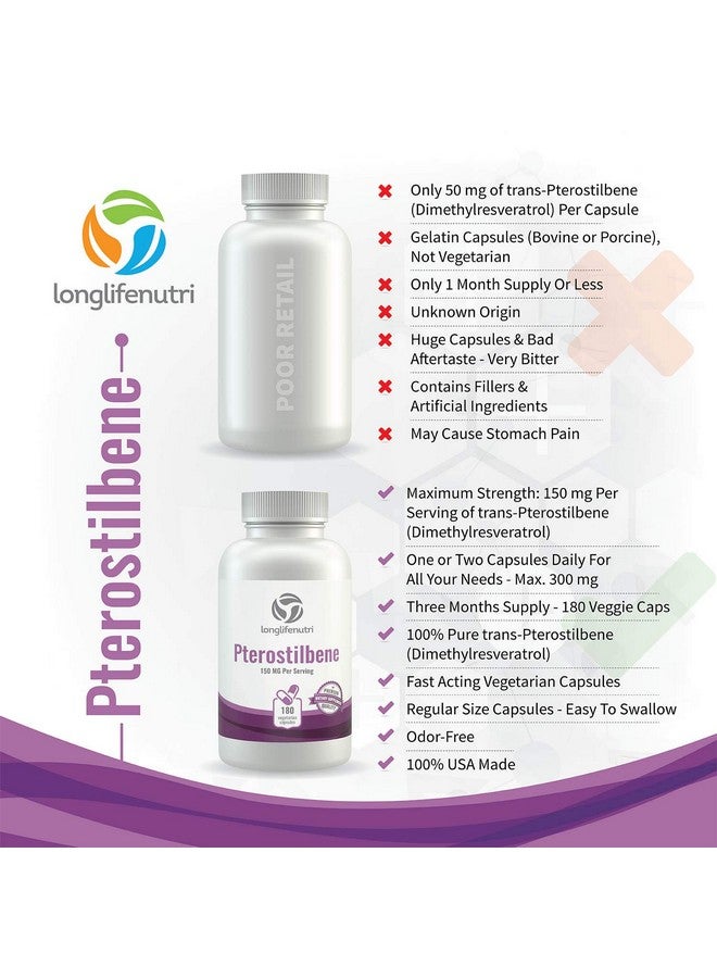 LongLifeNutri Pterostilbene 150mg, 180 Vegetarian Capsules, 3-Month Supply for Natural Wellness, Made in USA, Pure Natural Powder - Image 5