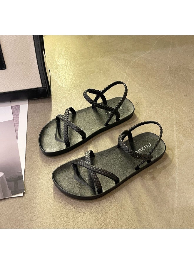 NIBEMINENT Comfortable Open-toed Women's Flat Sandals Korean Style Fashion Roman Beach Shoes Woven Cross Band Casual Sandals for Summer  - Image 1