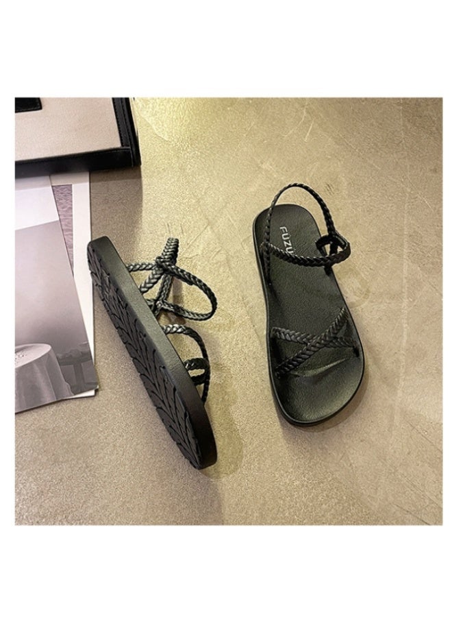 NIBEMINENT Comfortable Open-toed Women's Flat Sandals Korean Style Fashion Roman Beach Shoes Woven Cross Band Casual Sandals for Summer  - Image 5