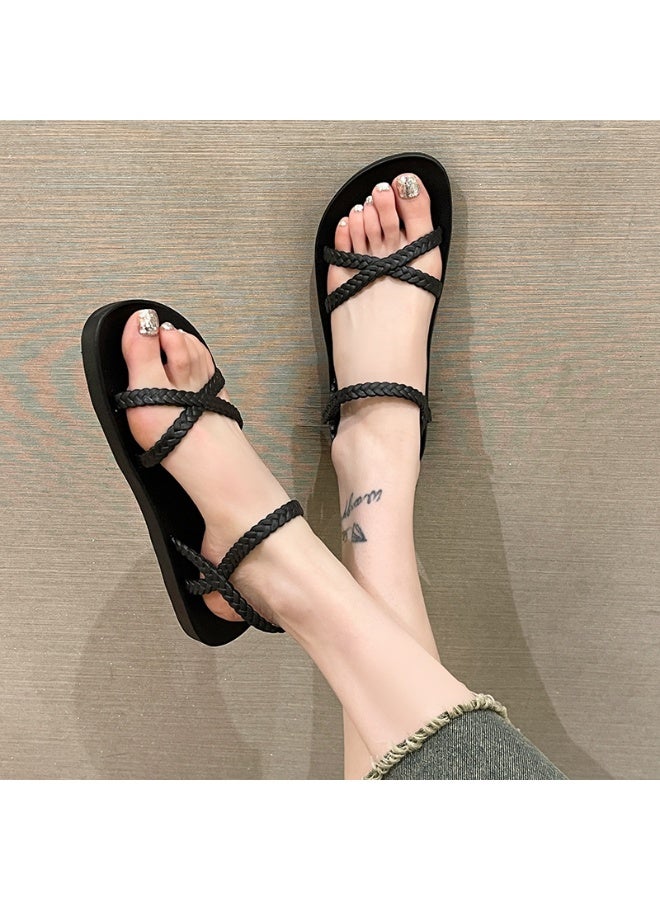 NIBEMINENT Comfortable Open-toed Women's Flat Sandals Korean Style Fashion Roman Beach Shoes Woven Cross Band Casual Sandals for Summer  - Image 2