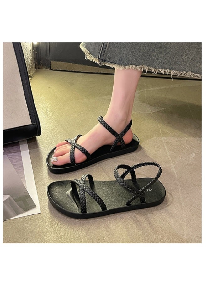 NIBEMINENT Comfortable Open-toed Women's Flat Sandals Korean Style Fashion Roman Beach Shoes Woven Cross Band Casual Sandals for Summer  - Image 3