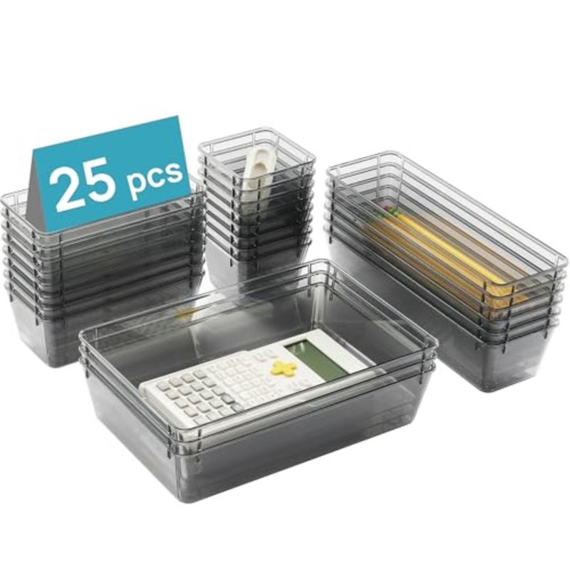 25 PCS Office Desk Drawer Organizers Set, 4-Size Versatile Plastic Drawer Organizer Trays, Storage Bins for Desk Accessories Office Organizers and Storage, Bathroom, Makeup, Vanity - Image 1