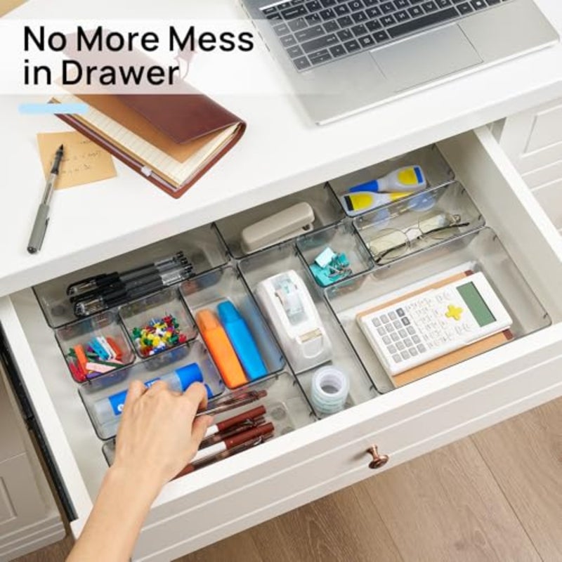 25 PCS Office Desk Drawer Organizers Set, 4-Size Versatile Plastic Drawer Organizer Trays, Storage Bins for Desk Accessories Office Organizers and Storage, Bathroom, Makeup, Vanity - Image 4