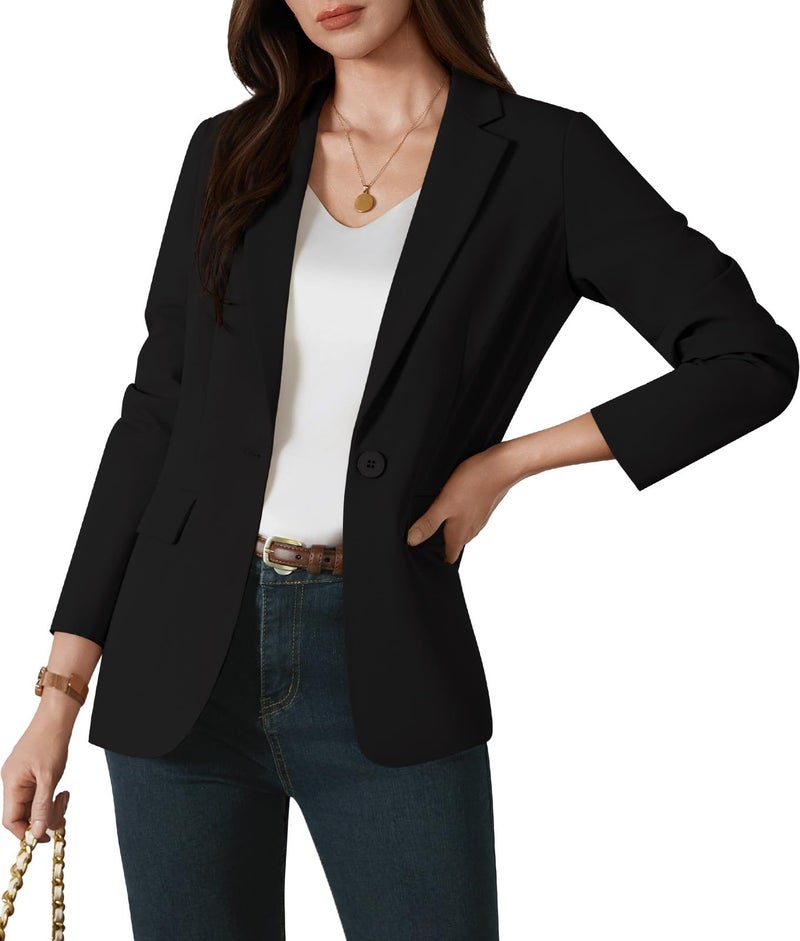 Kelyaa Womens One Button Blazer Casual Open Front Long Sleeve Suit Jackets Business Work Office Blazers with Pockets Black - Image 2