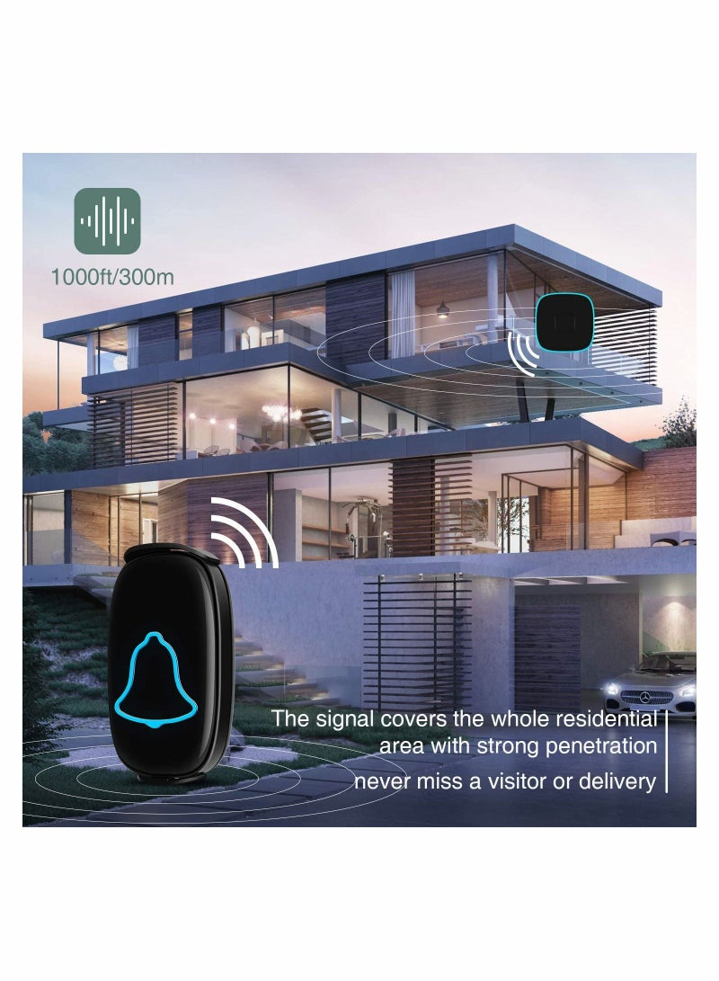 Wireless Doorbell, Waterproof Door Bell with 38 Melodies and Led Flash,1000-Foot Range, 4 Level Volume, 2 Remote ons  1 Receiver (Black) - Image 4