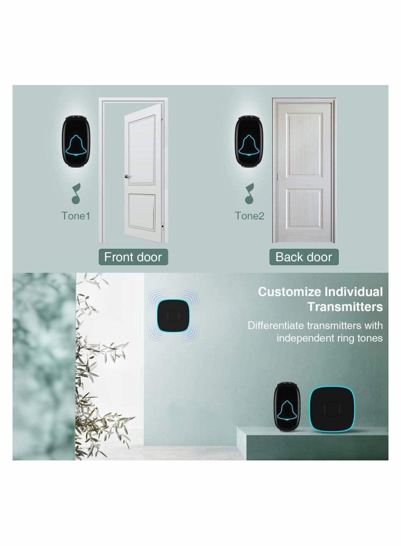 Wireless Doorbell, Waterproof Door Bell with 38 Melodies and Led Flash,1000-Foot Range, 4 Level Volume, 2 Remote ons  1 Receiver (Black) - Image 2