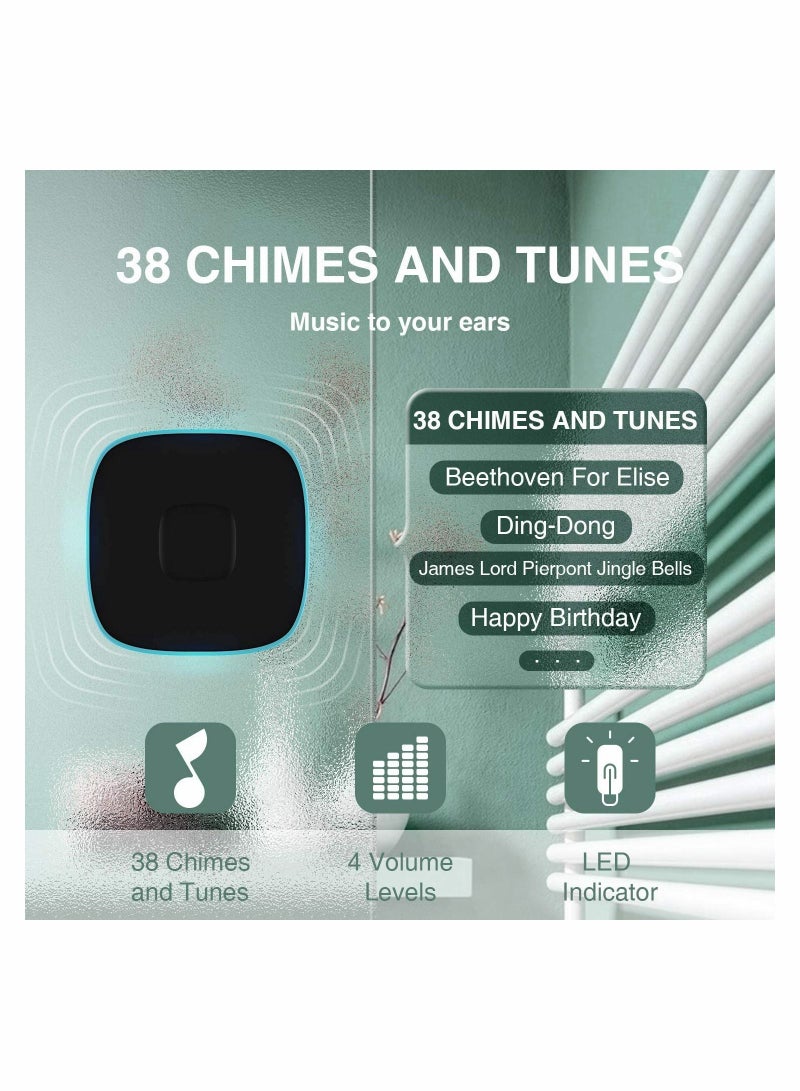 Wireless Doorbell, Waterproof Door Bell with 38 Melodies and Led Flash,1000-Foot Range, 4 Level Volume, 2 Remote ons  1 Receiver (Black) - Image 3