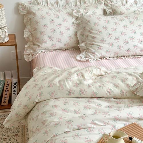 MKXI Floral Duvet Cover Set for Girls 100% Cotton Ruffled Bedding with Pink Blossom Pattern Twin Size Sweet Cottagecore Aesthetic Comforter Cover for Teens & Women - Image 3