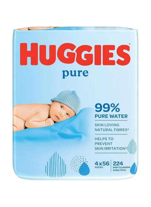 Huggies Baby Wipes Pure - Gentle on Sensitive Skin, 99% Water, Paraben Free, 4 Packs (224 Wipes Total)