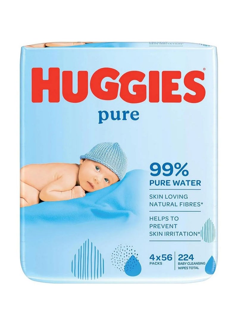 Huggies Baby Wipes Pure - Gentle on Sensitive Skin, 99% Water, Paraben Free, 4 Packs (224 Wipes Total)