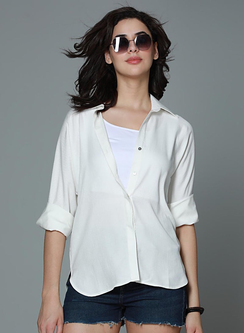 HIGH STAR Boxy Casual Shirt for Women - Off White Rayon - Image 2