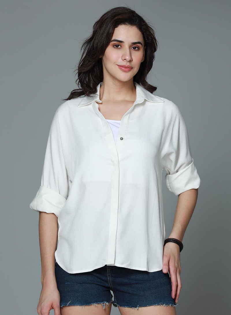 HIGH STAR Boxy Casual Shirt for Women - Off White Rayon - Image 5
