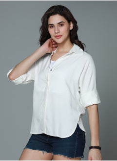 HIGH STAR Boxy Casual Shirt for Women - Off White Rayon  - Image 3