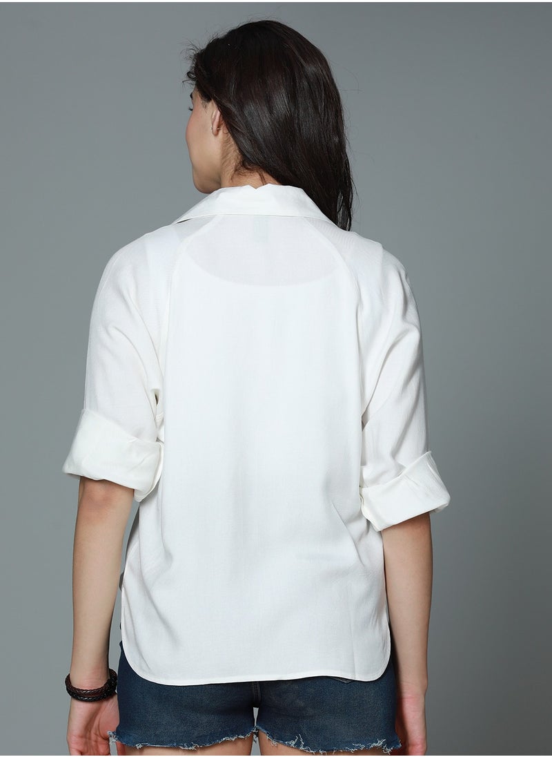 HIGH STAR Boxy Casual Shirt for Women - Off White Rayon  - Image 2