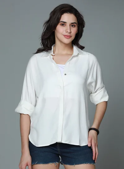 HIGH STAR Boxy Casual Shirt for Women - Off White Rayon