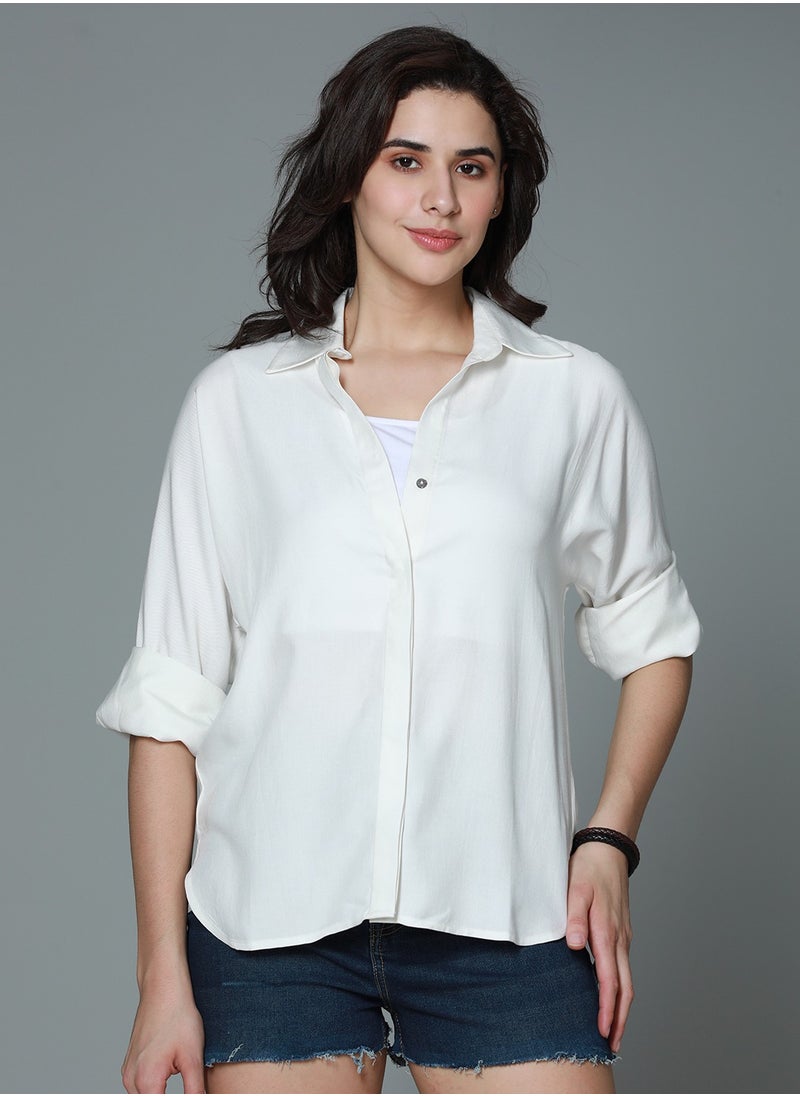 HIGH STAR Boxy Casual Shirt for Women - Off White Rayon  - Image 1