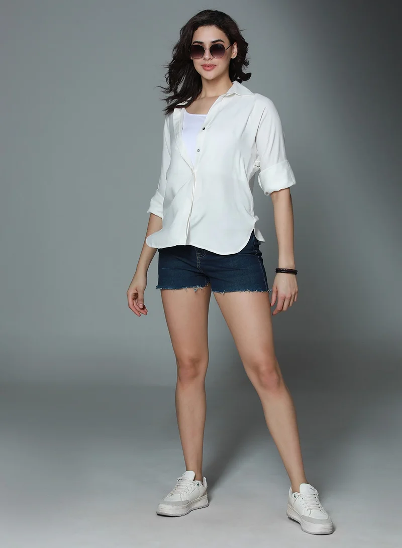 هاي ستار Boxy Casual Shirt for Women - Off White Rayon