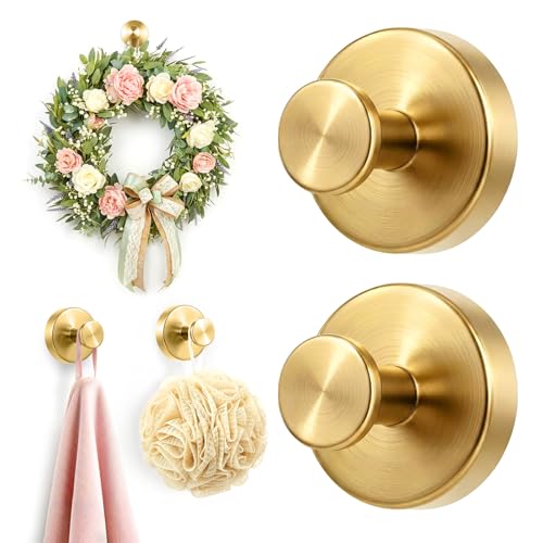 LOOHOI Upgraded Suction Cup Hooks for Shower, Heavy Duty Removable Towel Hooks for Bathroom Glass Door Wall, Stainless Steel Shower Hooks for Towel & Loofah (2 Pack, Gold) - Image 1