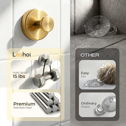 LOOHOI Upgraded Suction Cup Hooks for Shower, Heavy Duty Removable Towel Hooks for Bathroom Glass Door Wall, Stainless Steel Shower Hooks for Towel & Loofah (2 Pack, Gold) - Image 5
