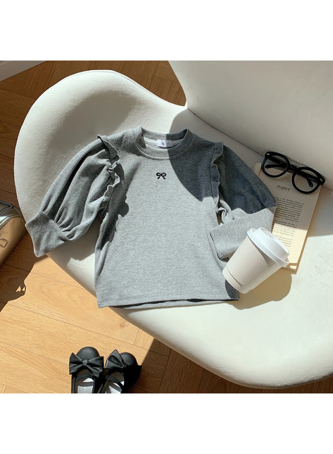 Girls' Bottoming Shirt Korean Style Spring New Embroidered Bow Top Girls Round Neck Small And Medium-sized Kidsren's T-shirt