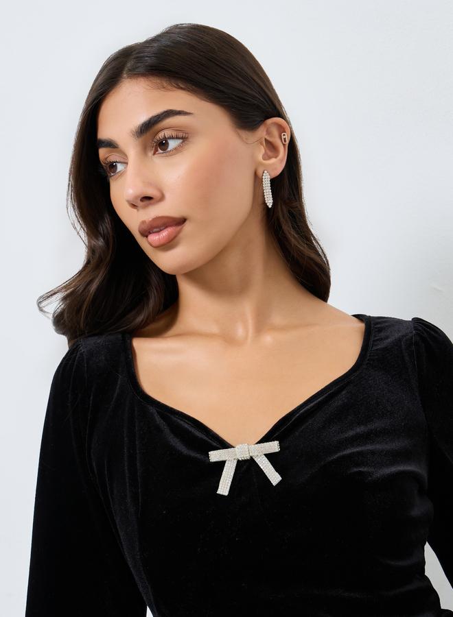 ستايلي فستان ميدي بمظهر المخمل مع ربطة فيونكة - Image 4