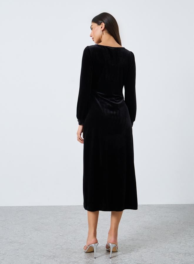 ستايلي فستان ميدي بمظهر المخمل مع ربطة فيونكة - Image 5