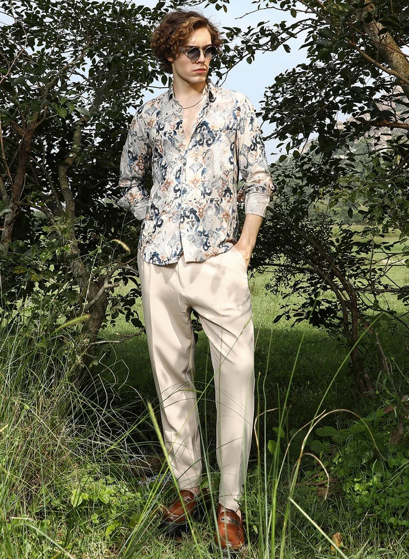 Campus Sutra Men's Saltbox Beige & Navy Blue Artistis Fade Shirt