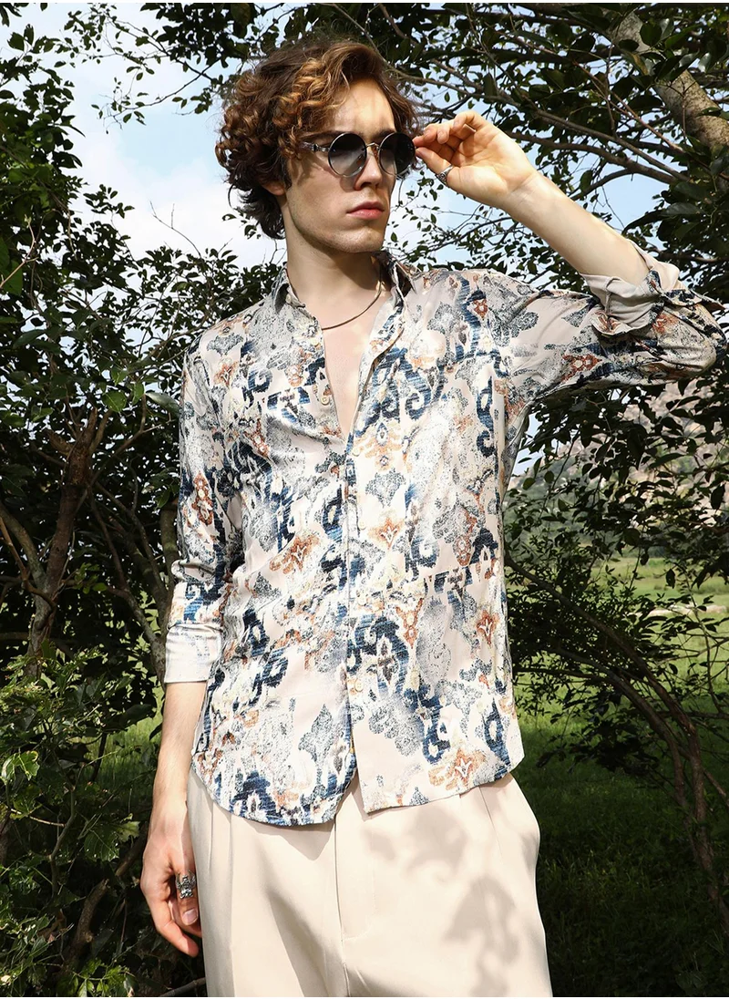 Campus Sutra Men's Saltbox Beige & Navy Blue Artistis Fade Shirt