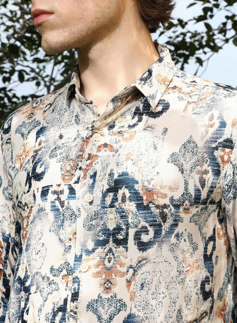 Campus Sutra Men's Saltbox Beige & Navy Blue Artistis Fade Shirt