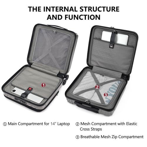 TydeCkare 16" Carry on Luggage with 2 Laptop Compartments, Lightweight Hardshell ABS+PC Suitcase with Dual Control TSA Lock, with YKK Zipper, 4 Spinner Silent Wheels, for Business Travel, Silver Grey - Image 5