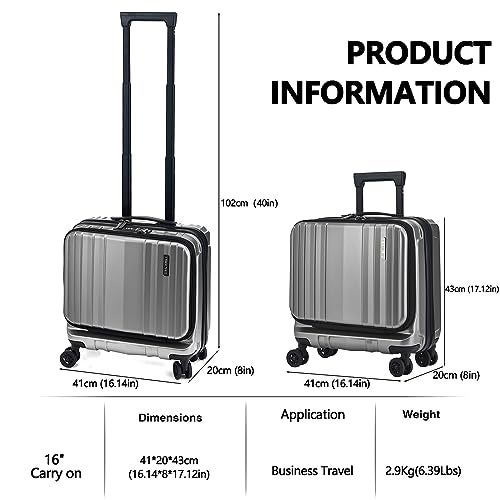 TydeCkare 16" Carry on Luggage with 2 Laptop Compartments, Lightweight Hardshell ABS+PC Suitcase with Dual Control TSA Lock, with YKK Zipper, 4 Spinner Silent Wheels, for Business Travel, Silver Grey - Image 3