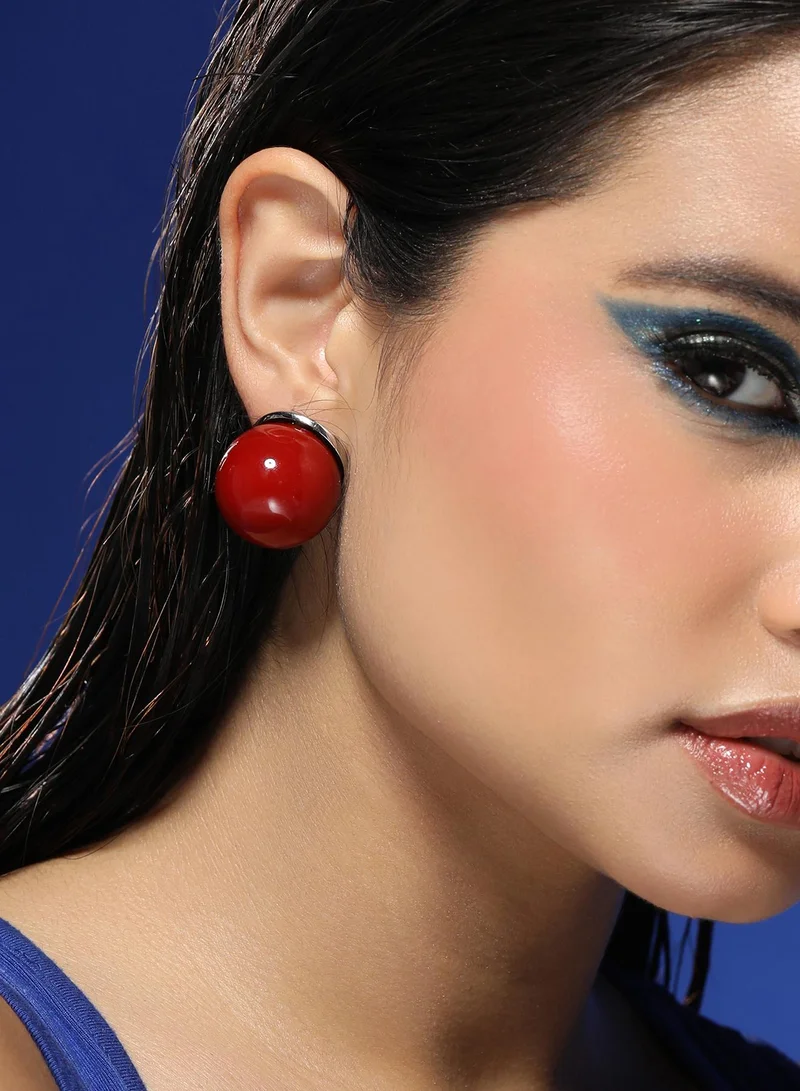 Sohi  Women The Chunky-Jacqueline Stud Earrings | Cherry Red & Metallic Silver Colour | One-Size | Artificial Stone Alloy Material | Push Back Closure | Earrings For Casual & Evening Wear for Women | Best Price UAE