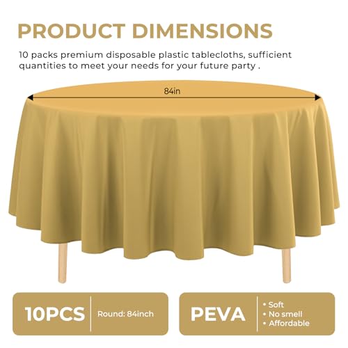 JHDZDHY 10 Pack Premium Disposable Plastic Tablecloth 84" Round Table Cover for Birthdays Weddings Christmas Anniversary Buffet Table (Gold) - Image 2