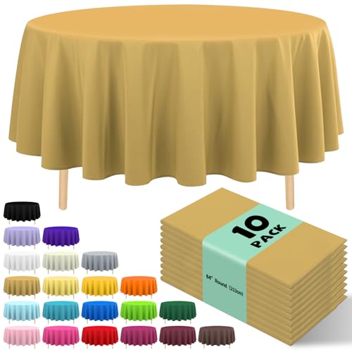JHDZDHY 10 Pack Premium Disposable Plastic Tablecloth 84" Round Table Cover for Birthdays Weddings Christmas Anniversary Buffet Table (Gold) - Image 1