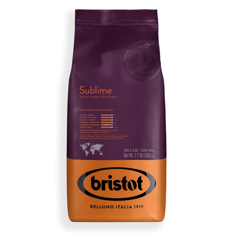 Bristot حبوب إسبرسو بريستوت سوبلايم - 100% أرابيكا تحميص متوسط - قهوة إيطالية كاملة الحبة - 2.2 رطل (1 كجم) كيس - Image 1