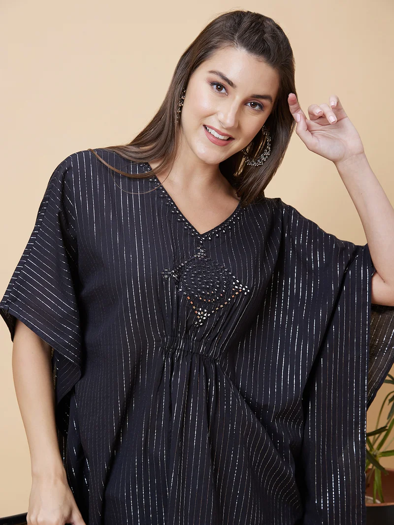 globus Globus Women Black Striped Mirror Work V- Neck Pure Cotton Kaftan Tunic