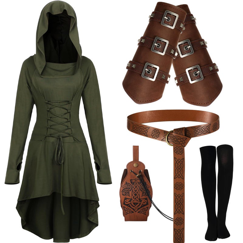 Suhine 5 Pcs Renaissance Women Costume Medieval Hooded Robe Vintage Faux Leather Arm Pouch Belt for Cosplay Party(X-Large,Dark Green) - Image 3