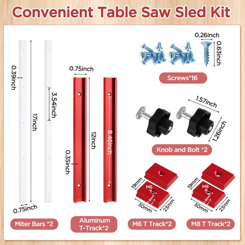 FACULX 26Pcs Table Saw Crosscut Sled Kit, Table Saw Sled Set with 2 Aluminum T-Track, 2 UHMW Miter Bars, Knob and Bolt, Screws for DIY Woodworking (Red) - Image 2