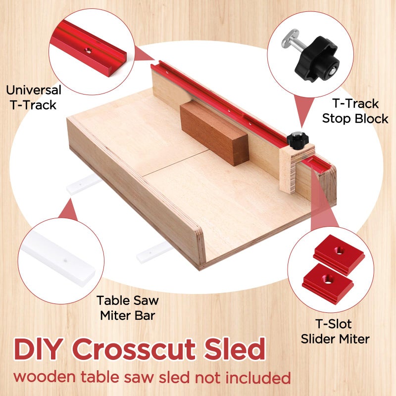 FACULX 26Pcs Table Saw Crosscut Sled Kit, Table Saw Sled Set with 2 Aluminum T-Track, 2 UHMW Miter Bars, Knob and Bolt, Screws for DIY Woodworking (Red) - Image 3