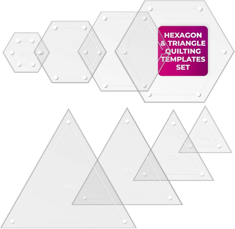 LaserThing Quilting Acrylic Template Set | Precision Tools for Quilting Enthusiasts | Hexagon & Triangle Design | Includes Sizes 4", 3", 2", 1" | 1/8 Clear Acrylic | 1/4" Seam Allowance for Accuracy - Image 1