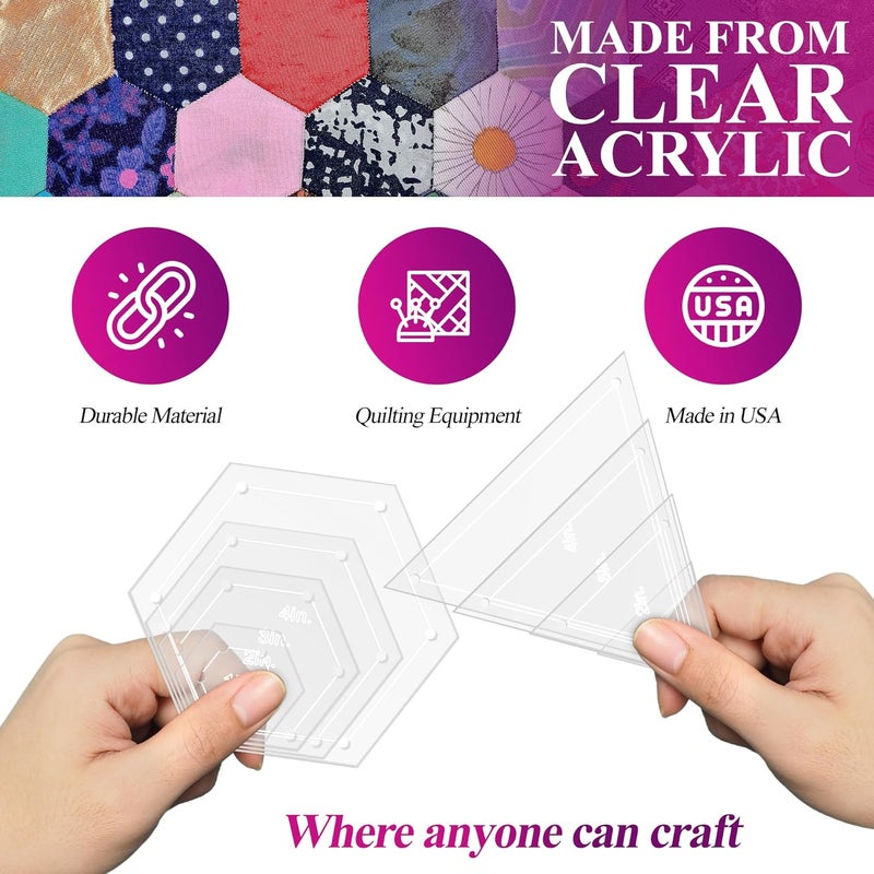 LaserThing Quilting Acrylic Template Set | Precision Tools for Quilting Enthusiasts | Hexagon & Triangle Design | Includes Sizes 4", 3", 2", 1" | 1/8 Clear Acrylic | 1/4" Seam Allowance for Accuracy - Image 4