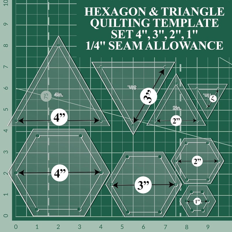 LaserThing Quilting Acrylic Template Set | Precision Tools for Quilting Enthusiasts | Hexagon & Triangle Design | Includes Sizes 4", 3", 2", 1" | 1/8 Clear Acrylic | 1/4" Seam Allowance for Accuracy - Image 3