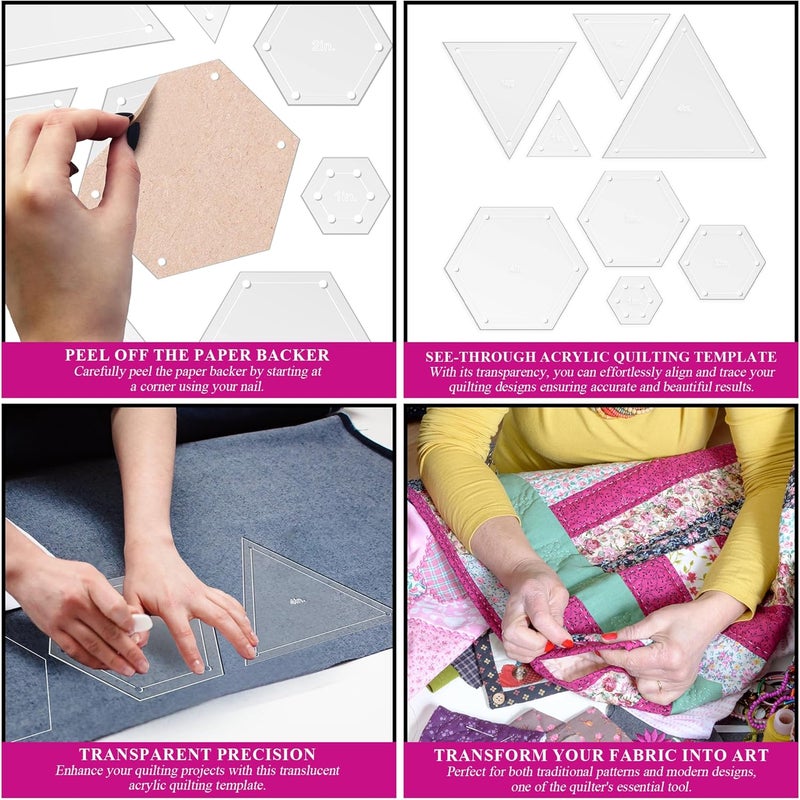 LaserThing Quilting Acrylic Template Set | Precision Tools for Quilting Enthusiasts | Hexagon & Triangle Design | Includes Sizes 4", 3", 2", 1" | 1/8 Clear Acrylic | 1/4" Seam Allowance for Accuracy - Image 5