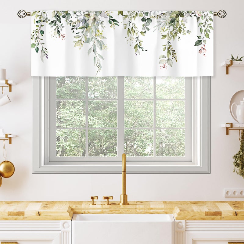 oolygoo Sage Green Eucalyptus Leavses Valances Kitchen Curtains Watercolor Floral Flower Plants Botanical Farmhouse for Women Ptetty Bedroom Living Room Treatment Tier Fabric 1 Panel 52Wx18H Inch - Image 1