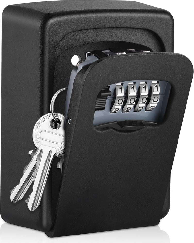 AMMIY Metal Key Lock Box Wall Mounted,4 Digit Combination Weatherproof Lockbox For Outside House,5 Keys Large Capacity Lockbox,Key Safe Security Storage Lock Box With Resettable Code (Black) - Image 1