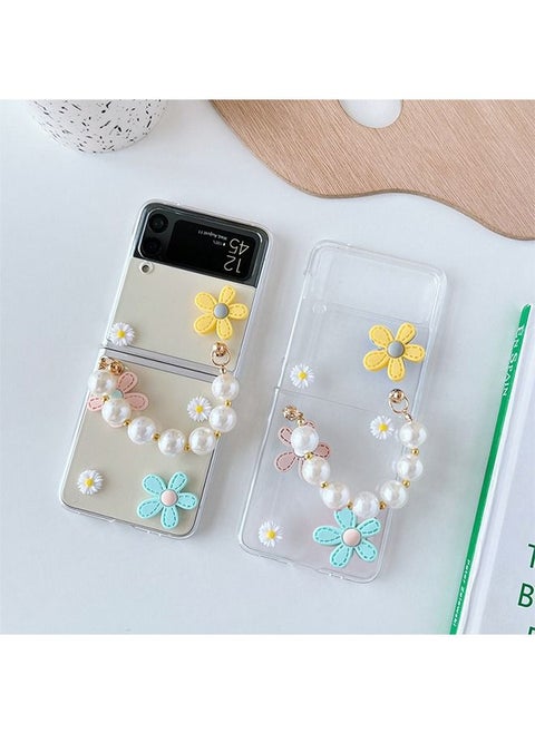 Samsung Galaxy Z Flip 4 Case Cover with Cute Strap, Fashion Flower Case for Galaxy Z Flip 4 5G Protective Protector, Girls Case with Pearl Chain, Hard PC Case for Z Flip 4 Clear Guard with Lanyard