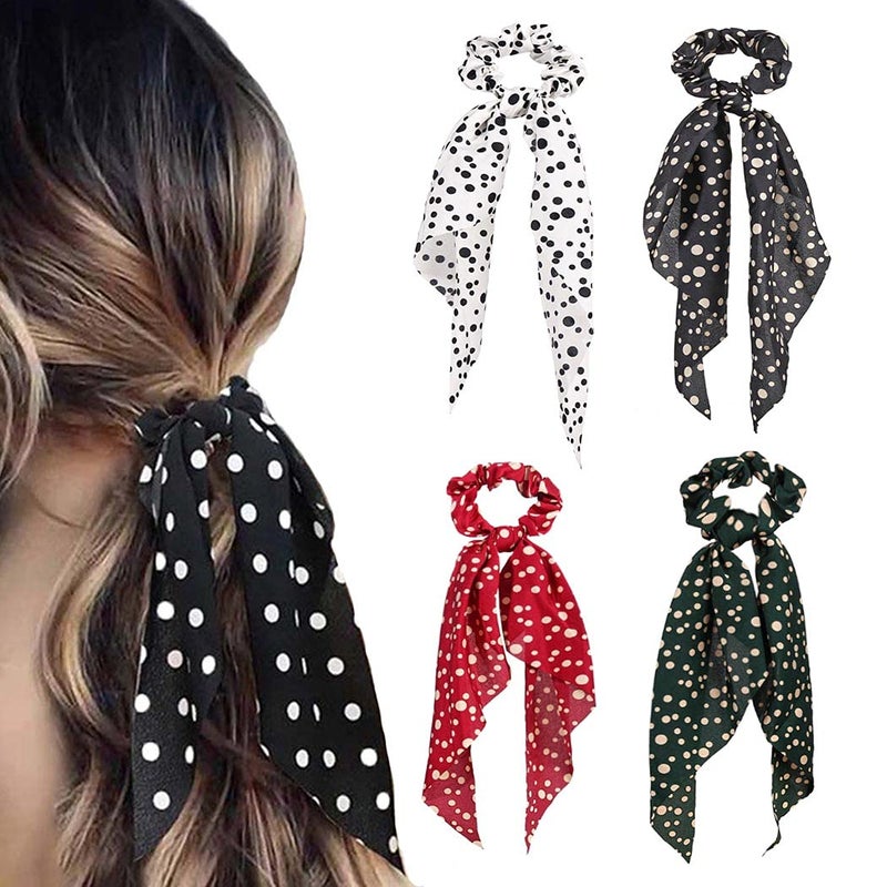 Chennie Bowknot Hair Scrunchies Black Bow Hair Ties Elastic Hair Scarf Hair Ropes Fashion Hair Accessories with Dot for Women and Girls Pack of 4