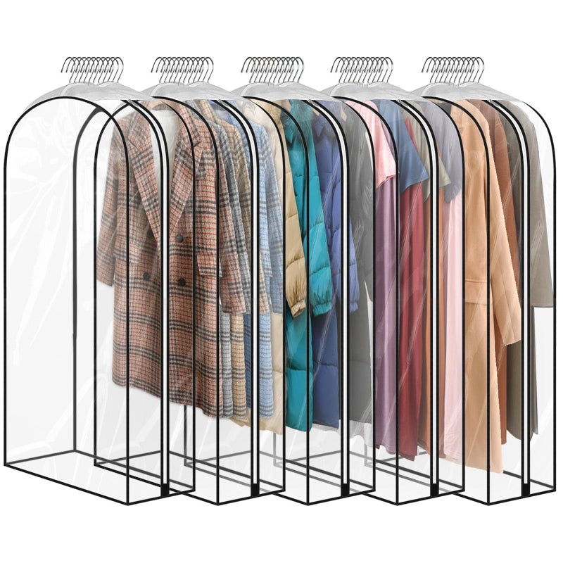 JUMBO FILTER 5 Pack 60 All Clear Garment Bags for Hanging Clothes Storage 10 Gusseted Large Capacity Garment Rack Cover Large Hanging Clothing Bag for Dress Gowns Coats Suit Down Jacket