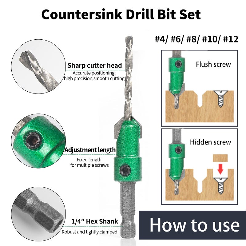KOWOOD Pro Countersink Drill Bit Set #4, 6, 8, 10, 12, 5-Piece for Wood,High Speed Steel Woodworking Carpentry Reamer with 1 Free Hex Key Wrench - Image 2